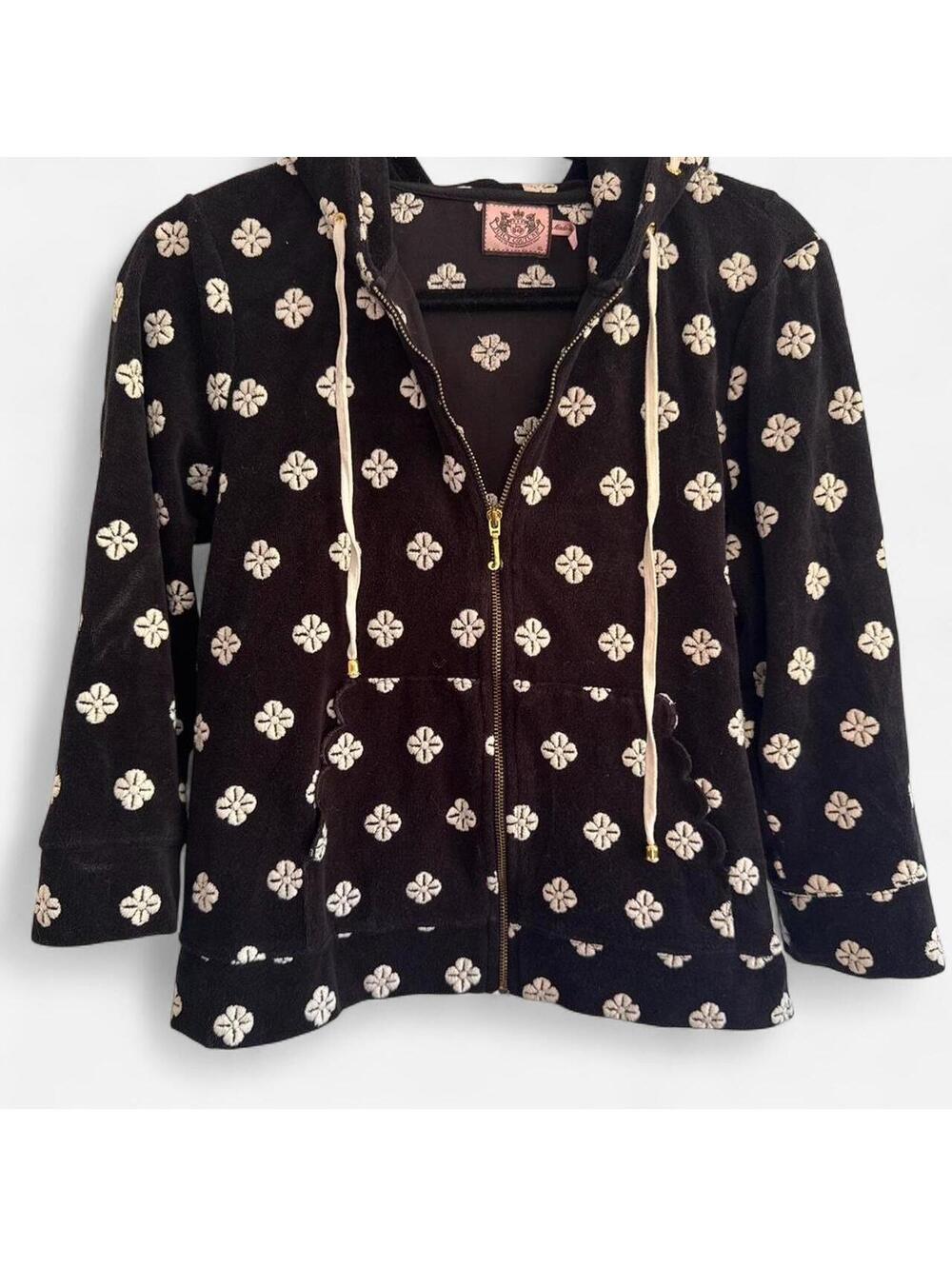 Y2K Juicy Couture Terry Cloth Hoodie Jacket Embroidered Floral Black Size XL